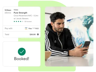 A collage showing booking on the Mindbody Marketplace