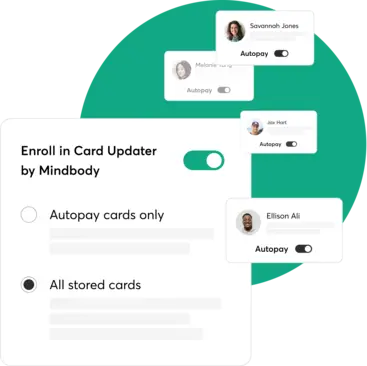 A collage demonstrating how Mindbody software can help update expired cards.