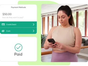 A collage showing how payment is integrated into Mindbody software.