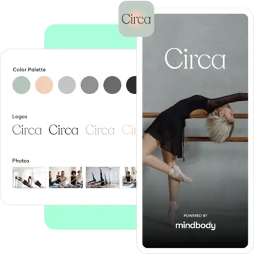 A collage showing a Mindbody branded app for dance studios
