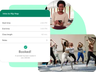 A collage showing Mindbody booking features for dance studios