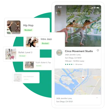 A collage showing the Mindbody Marketplace for dance studios