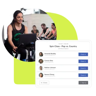 A collage showing the Mindbody Check-in app for fitness businesses