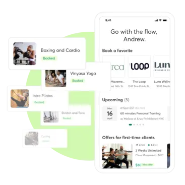 A collage showing the Mindbody Marketplace for fitness businesses