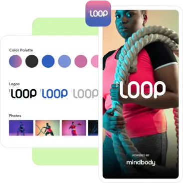 A collage showing Mindbody a branded app for group training businesses