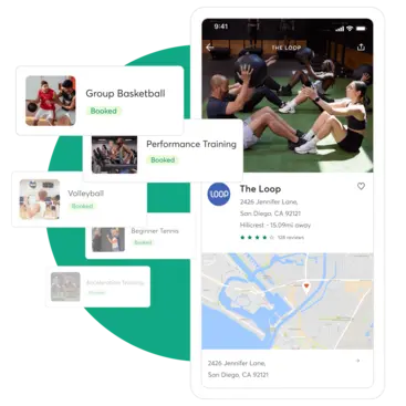 A collage showing the Mindbody Marketplace for sports training businesses