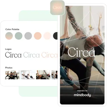 A collage showing a branded mobile app for a yoga business