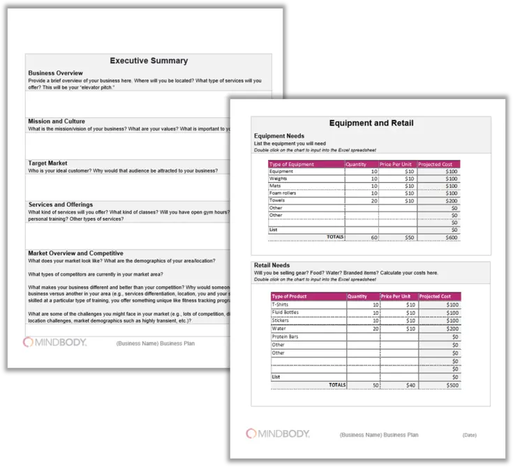 Example of pages in the fitness business plan template