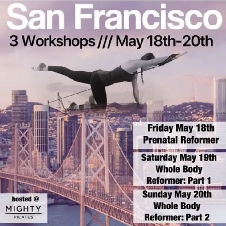 Mighty Pilates instagram post promoting upcoming workshops in San Francisco