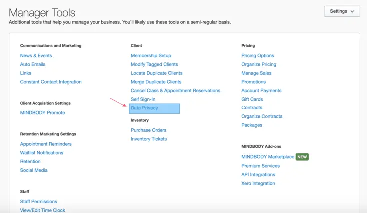Manager tools screen pointing to Data Privacy options 