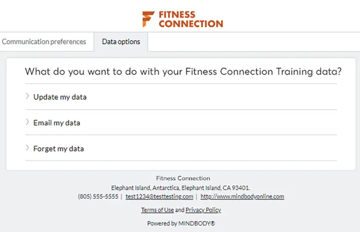 Fitness connection data options page