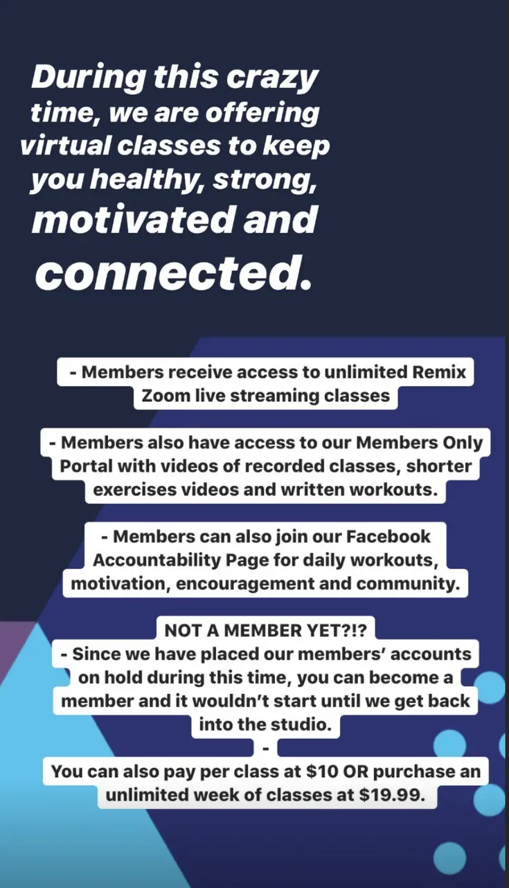 An example of Remix Fitness's Instagram stories