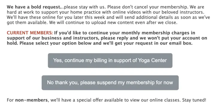 An email of the Yoga Center's email to clients during COVID-19