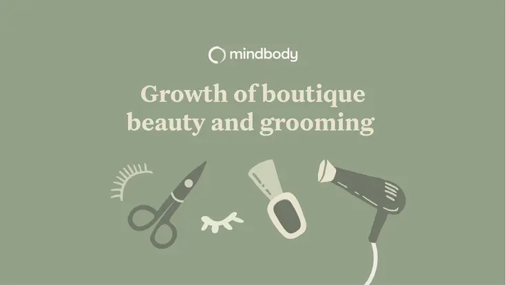 Drawings of lashes, scissors, and a blow dryer under the text "Growth of boutique beauty and grooming"