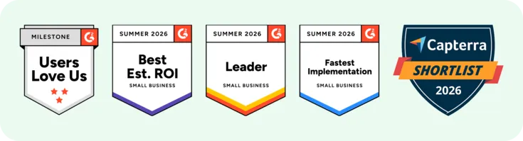G2 and Capterra awards for Mindbody: Users Love Us, Best Est. ROI Small Business Summer 2026, Leader Small Business Summer 2026, Fastest Implementation Small Business Summer 2026, and Capterra Shortlist 2026.