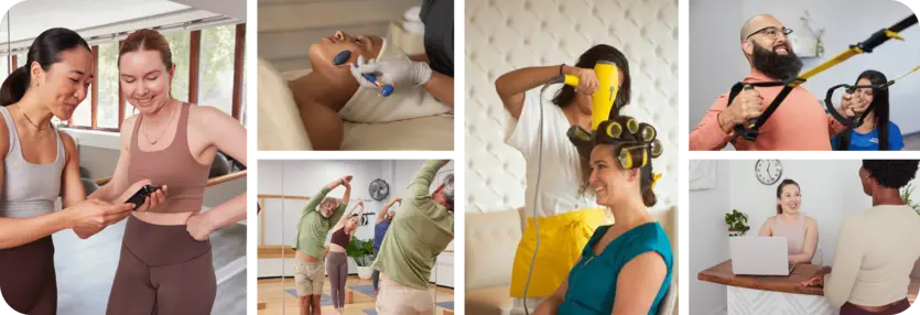 A collage of people engaging in wellness activities, such as yoga, strength training, and spa services